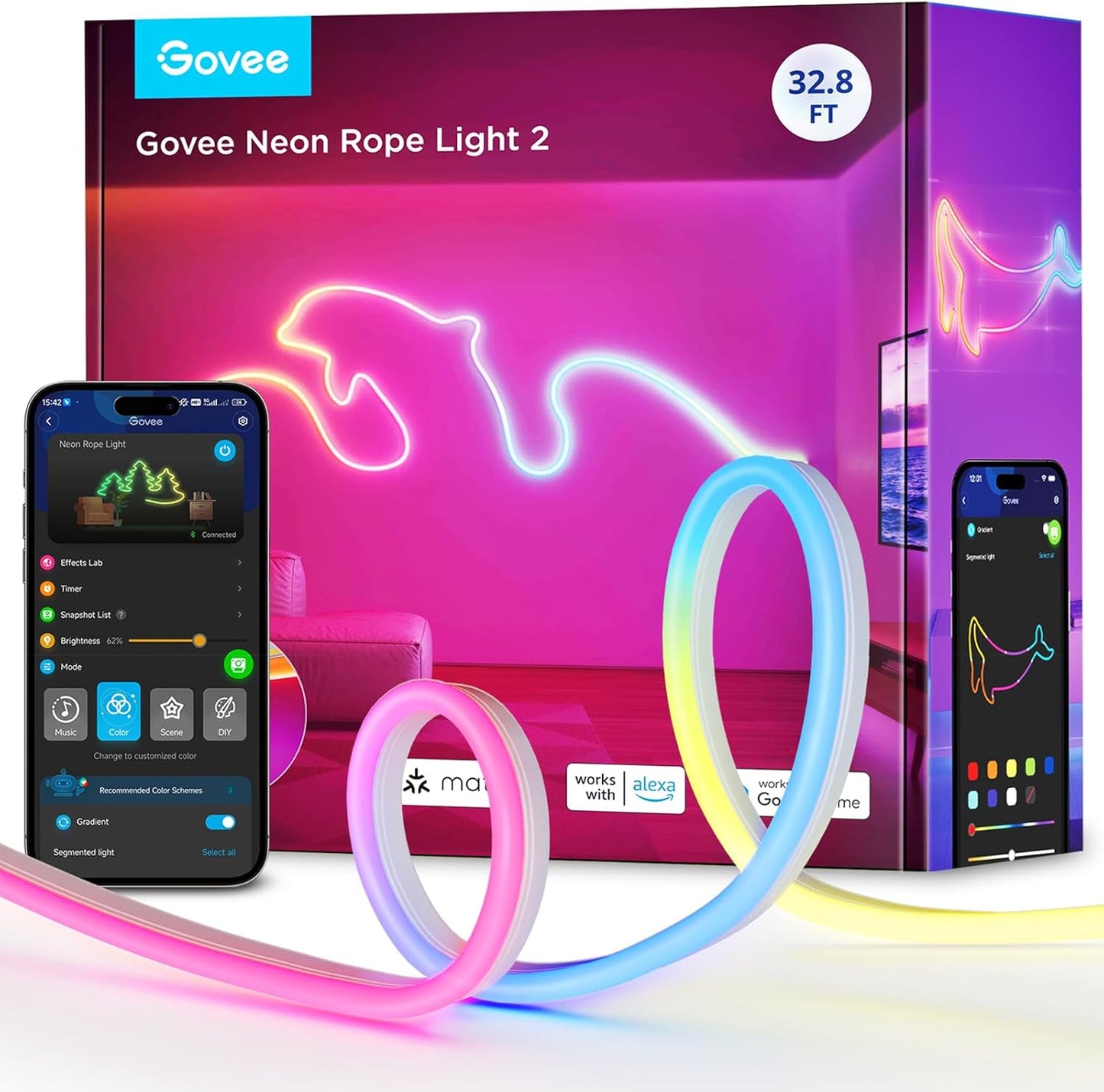 RGBIC Neon Lights, LED Smart Neon Rope Light 2 Works with Matter, Alexa, Google Assistant, Custom DIY Neon Strip Lights for Bedroom and Holiday Decor, Softer Material, 32.8Ft, White