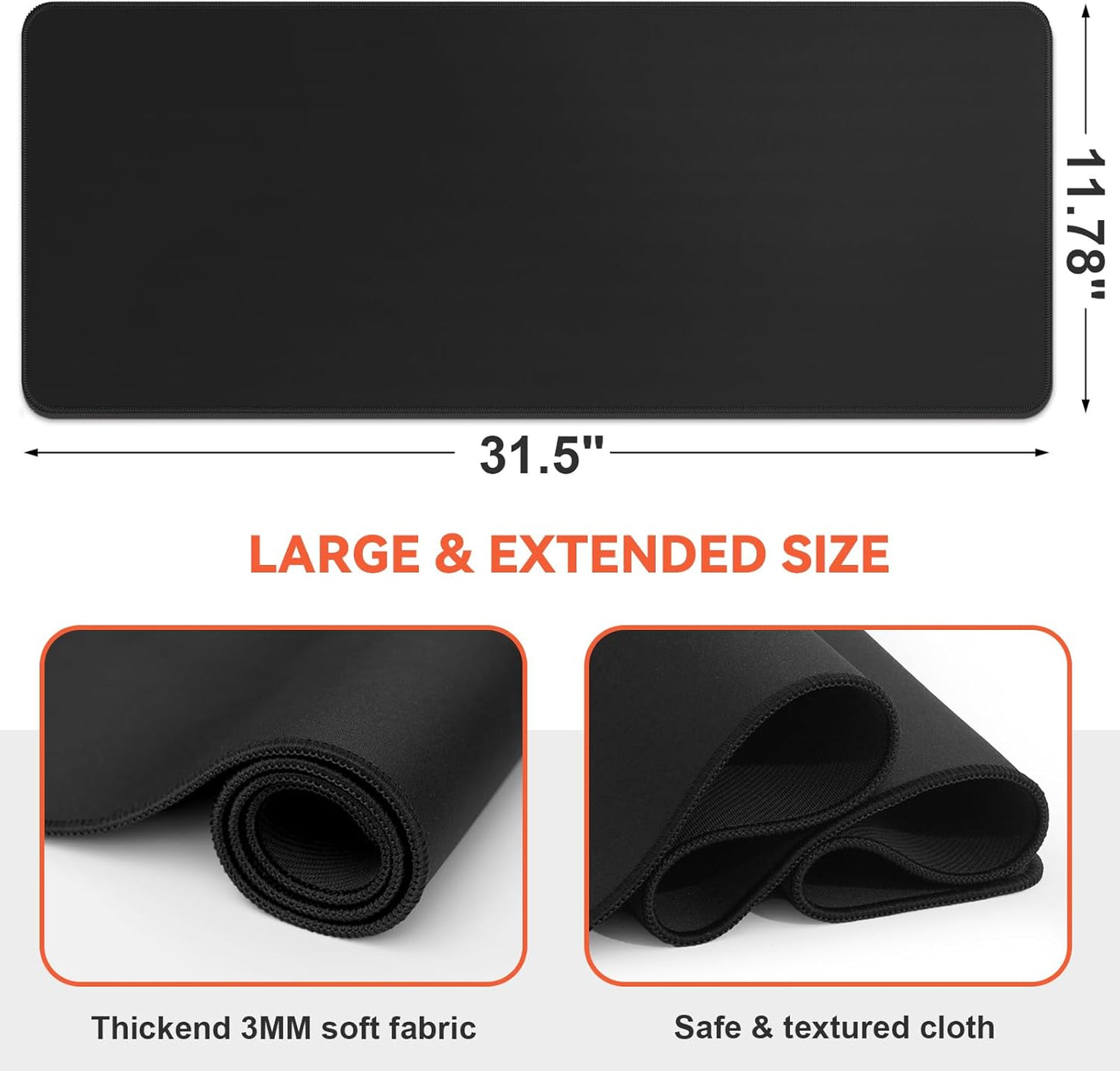 Black Mouse Pad Gaming Keyboard Pad 31.5 X 11.8 in Large Computer Mouse Pad with Anti-Slip Rubber Base and Stitched Edges, Extended Mouse Mat for Gaming Working