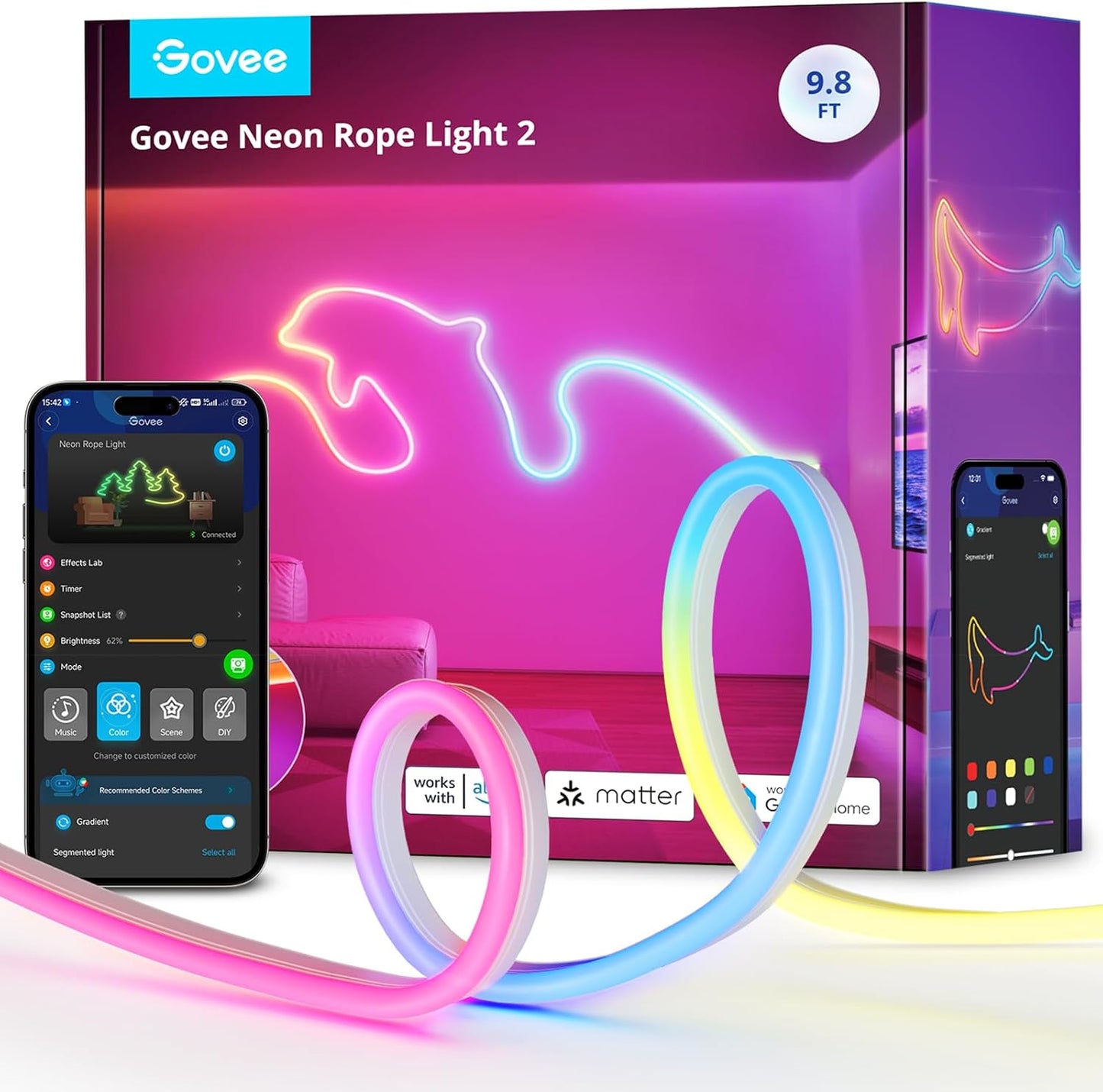 RGBIC Neon Lights, LED Smart Neon Rope Light 2 Works with Matter, Alexa, Google Assistant, Custom DIY Neon Strip Lights for Bedroom and Holiday Decor, Softer Material, 32.8Ft, White